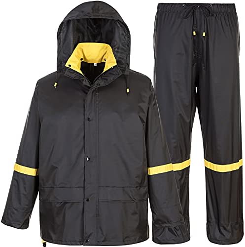 Classic Rain Suits for Men Breathable Rain Gear for Waterproof Work, Hooded Coats Jacket and Pants (Black & Yellow, XL)