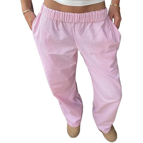 Pivanzore Women's Stripe Pajama Pants Y2K Elastic High Waisted Wide Leg Pants Loose Lounge Sleep Pants Trousers with Pockets(Pinstripes Pink,Small) Cover