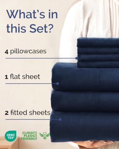 Image of Split King 7 Piece Bed Sheet Set - Comfy, Breathable & Cooling - Dark Blue