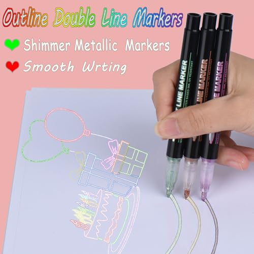 Olingyou 24PCS-B 24 Pack Double Line Outline Markers, Squiggles Shimmer Markers Set, Self Outline Metallic Glitter Marker Pens thumb #4