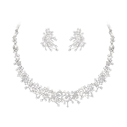 Image of White Faux Pearl Leaf Vine Bridal Cubic Zirconia Jewelry Set for Women | Wedding Party Necklace Earrings for Bridesmaid Bride