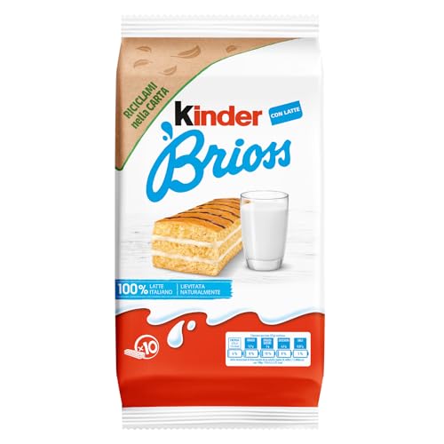 Kinder Brioss - 10 Merendine di Pan di Spagna, Lievitate Naturalmente, con Farcitura al Latte 100% Italiano, Ottime a Colazione e Merenda, Confezione da 270 Grammi