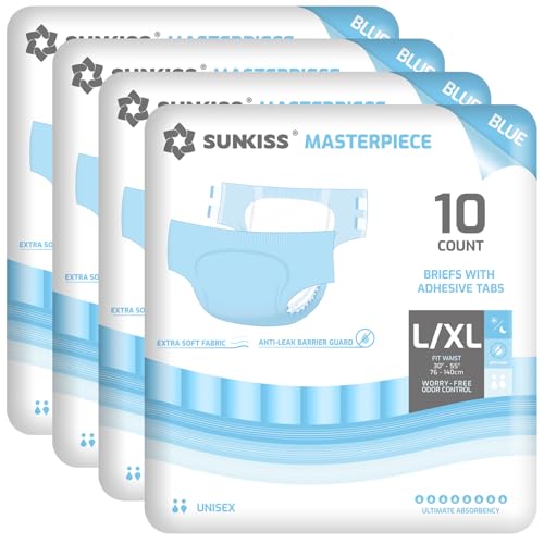 Image of SUNKISS Masterpiece Adult Diapers with Tabs, Unisex, L /XL, Blue, 40 Count | Ultra High Absorbency, Plastic-backed Briefs, Refastenable Tabs, Odor Control, Leak Protection for Daytime & Overnight Use