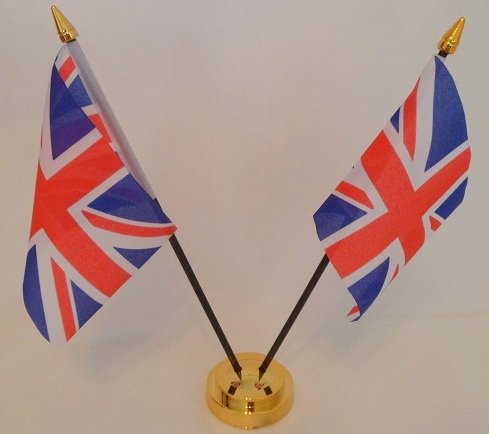 United Kingdom Union Jack 2 Flag Desktop Table Display With Gold Base