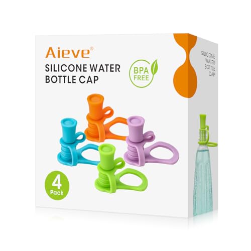 Image of Aieve Silicone Water Bottle Cap, No Spill Bottle Caps Water Bottle Topper, 4 Pack Bundle (Red, Blue, Green, Orange)