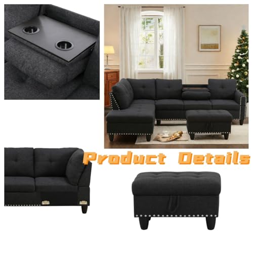 Image of FONTOI L Shaped Sectional Couch with Otttoman, 97 inch Sectional Sofa for Living Room Flannel Modular Couches with Cup Holders for Bedroom, Apartments, Black Grey