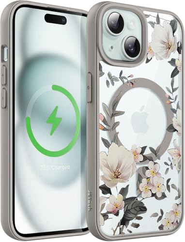 Image of VONZEE Compatible with iPhone 15 Plus Case Luxury Retro Flowers Floral Clear for Magnetic Wireless Charging Case Shockproof Case PC+TPU Cute Glossy Shiny Cover for Girls Women, 6.7'' Grey