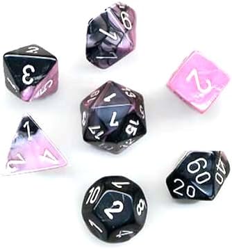 Miniatura 2 de Chessex Juego de dados poliédricos de 7 troqueles Géminis - Negro-Rosa con Blanco CHX-26430