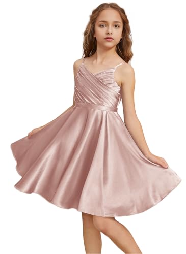 Girls Stretch Satin Formal Dresses V-Neck Knee-Length Flower Girl Bridesmaid Dress Party Wedding