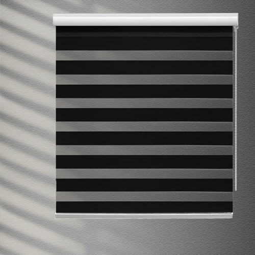 YIIBAII Day and Night Roller Blinds Zebra Blinds Blackout or Translucent Vision Roller Shades for Windows and Doors（W 115cm x L 150cm,Black）