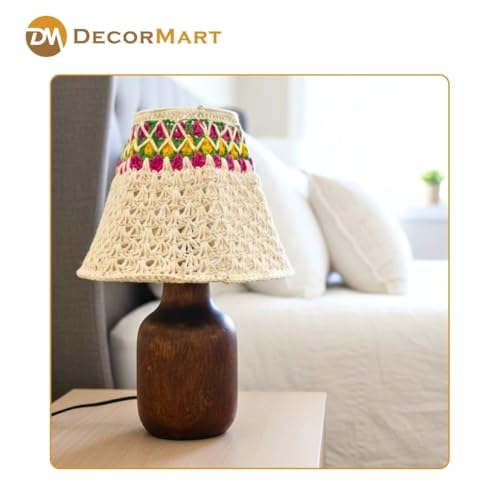 Image of The Decor Mart Crochet Shade Table Lamp with Wooden Base|Sleek Decor Decorative Beside Light for Desk,Bedroom, Living Room, Home Office and Hotel(20x20x30 cm) (White)