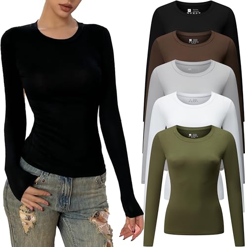 5 Pack Womens Long Sleeve Shirts Crew Neck Basic Stretchy Fitted Tops Slim Fit Casual Fall Fashion Clothes 2025