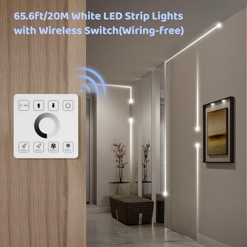 Image of Runing Water Flowing LED Strip Light 65.6ft 6500K White with Remote | Cool white led strip with touch panel wireless control, 28 modes, 24v dimmable tape lights for bedroom,ceiling,kitchen,party
