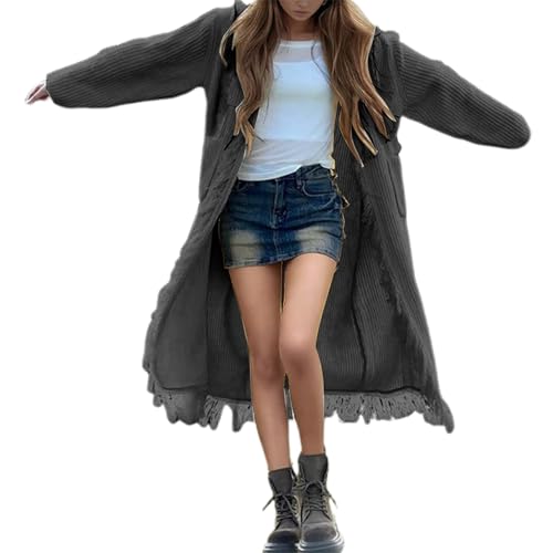 Generisch Eleganter übergroßer Fransen-Pullovermantel im Bohème-Stil für Damen mit langer Strickjacke (Grey, One Size)