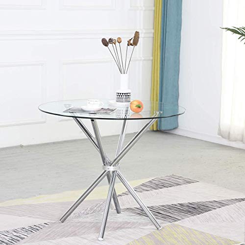 Dining Table Modern Kitchen and Dining Table with Round Glass Top and Stainless Steel Base - Thumbnail 7