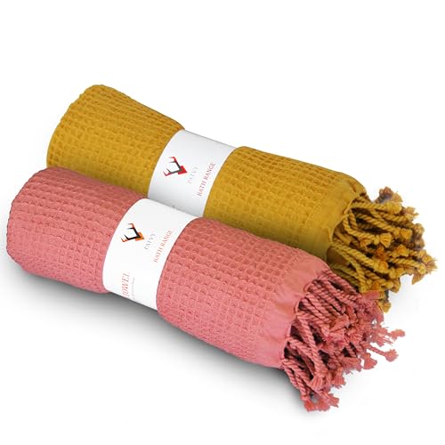 Image of Bath Towels - 100% Cotton Waffle Weave Large Size Towels (75 x 150cm) - Quick Absorption &Faster Drying Bath Towel for Women & Men (Pack of 2, Brick & Mustard Yellow)