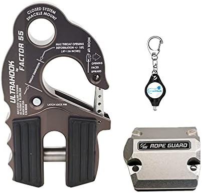 FACTOR55 UltraHook Winch Hook Integrated Shackle Pin Mount Recovery Towing Bundle with a UltraHook Rope Guard and Keychain Light (Gray with Rope Guard) (00250-06)
