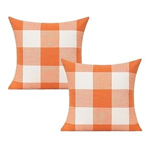 VAKADO Fall Outdoor Decor Throw Pillow Covers Orange Buffalo Plaid Thanksgiving Front Porch Farmhouse Rustic Cushion Autumn Home Decorations for Couch Sofa Living Room 18×18 Set of 2
