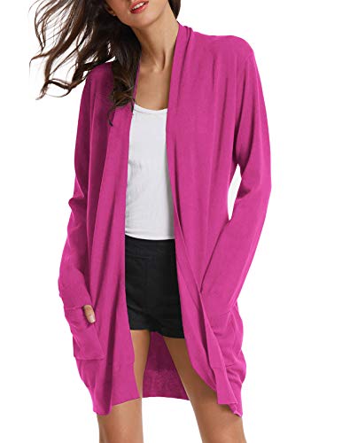 Women Pink Knit Ribbed Fall Sweaters Cotton Cardigan(S,Magenta) #TOP2