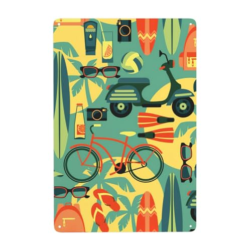 電気自動車、自転車、サーフボード ブリキの絵 ブリキ看板 金属ポスター 装飾鉄絵 壁掛け カフェ/ガレージ/レストラン 8×12in/20×30cm