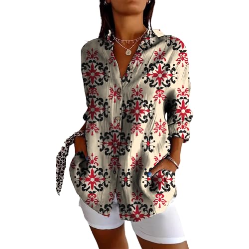 MARSVOVO Trendy V Neck Blouse for Women Button Up Relaxed Fit Lightweight Collared Tunic Blouses 3/4 Length Sleeve Comfy Beach Travel Casual Summer Tops Tidy Beige,L at Amazon Women’s Clothing store - view 1