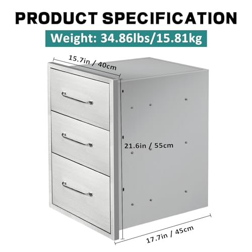 Image of Outdoor Kitchen Drawers 15.7 inch W x 21.6 inch H x 17.7 inch D Stainless Steel Drawer BBQ Triple Drawers with Chrome Handle for Outdoor Kitchen Island, Patio Grill Station