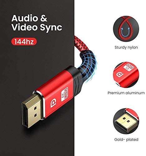Cavo DisplayPort, Capshi 4 K DP cavo nylon intrecciato – (4 K @ 60Hz, 1440p @ 144HZ) ultra High Speed DisplayPort su DisplayPort cavo 2 m per laptop, PC, TV, Gaming monitor cavo (rosso)