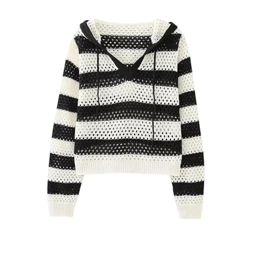 Women Striped Hollow Out Short Sweater Spring Summer Long Sleeved Hooded Knitted Pullover Tops