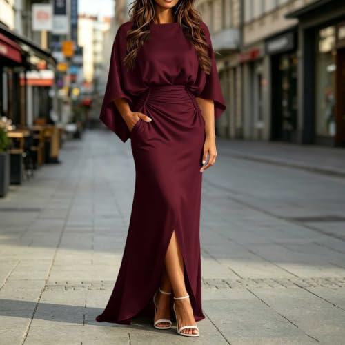 Women's Batwing Sleeve Maxi Dress Soft High Waist Evening Gown 2026 Red - image 3