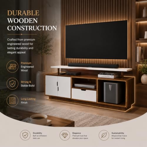 Image of GRATUS Wall Mounted TV Unit for Living Room | Wooden TV Cabinet with 3 Storage Compartments, 2 Shutters, Drawer & Open Shelf | Entertainment Center for 43, 55 & 65 Inch TVs