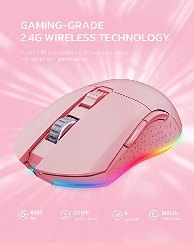 Image of Wireless and Wired Dual-Mode Rechargeable Gaming Mouse with 7 Programmable Buttons, RGB and 7 Adjustable DPI Levels up to [10000DPI] [150IPS] [1000Hz Polling Rate] for PC and Notebook Gamer (Pink)