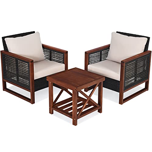 HAPPYGRILL Juego de muebles de patio al aire libre de 3 piezas con sillas de mimbre con mesa auxiliar, muebles de balcón, porche, juego de bistró con marco de madera y cojines lavables para jardín