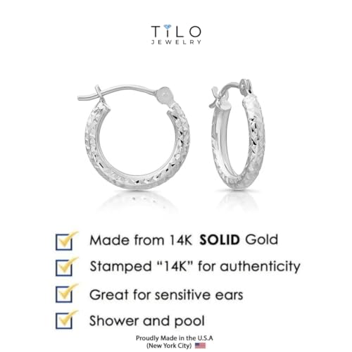 14K Gold Fancy Diamond-cut Round Hoop Earrings, Secure Latch Back Closure3