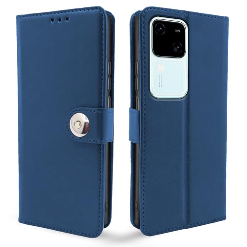 Image of Pikkme Vivo V30 5G Flip Cover Leather Finish | Inside TPU with Card Pockets | Wallet Stand and Shock Proof | Complete Protection Button Flip Case (Blue)