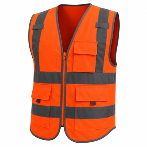 Image of VRITRAZ Unisex High Visibility Reflective Safety Vest | Multi-Pocket Safety Workwear Jacket for Construction Workers, Engineers, Security Guards, Factory & Road Safety Use