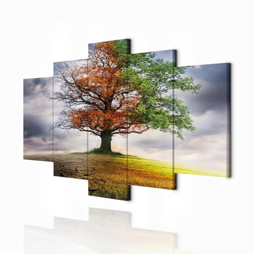 decomonkey - Tableau Acoustique Arbre 200x100 5 Pièces - Impression sur Toile Décoration Maison Isolation Peinture Image Phonique Déco Bureau Nuages arbres coloré paysage nature ciel