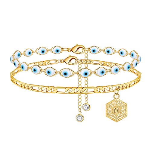 Ankle Bracelets for Women, Evil Eye Anklet 14K Gold Plated Ankle Bracelet Layered Anklet for Women Gold Anklet Letter M Initial Anklet Dainty Ankle Bracelets for Women Evil Eye Anklet Jewelry Gifts