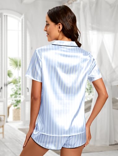 Image of Silk Pajamas for Women Satin Womens PJ Set 2 Piece Short Lounge Set Summer Sleepwear Notch Collar Button-Down Pjs