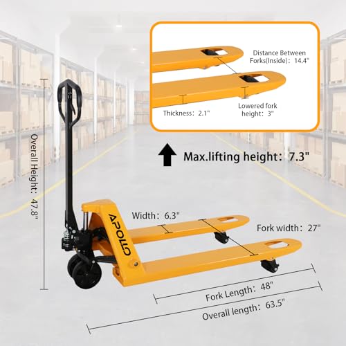 Image of APOLLOLIFT Pallet Jack Truck, 5500lbs Capacity 27 inch W x 48 inch L Forks Heavy Duty Manual Pallet Truck for Warehouse, Workshop and Retail