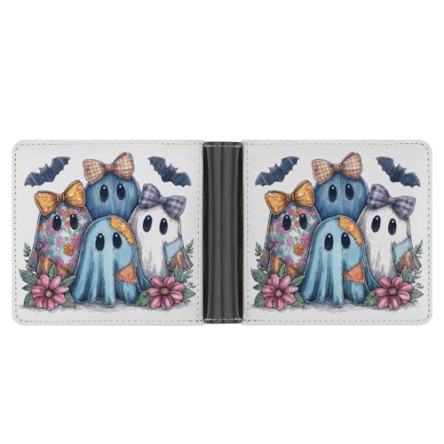 Cute Ghost with Fabric Bow Soft PU Leather Bifold Wallet, Coin Purse Credit Pass Case, Durable Card-Holder Slim Billfold for Men Woman Money Storage3