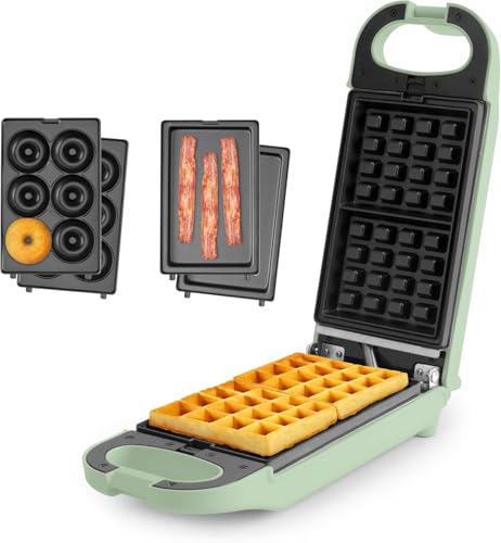 Swap & Flip Waffle Maker with Removable Plates: 3-in-1 Panini Press, Mini Donut Maker, and Waffle Iron (Renewed)