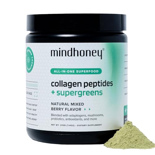 MINDHONEY | Collagen Peptides + Super Greens | Premium All-in-One Superfood Powder | Gut Health Detox Hair & Skin Immunity | Collagen Peptides Super Greens Probiotics Adaptogens | 30 Servings