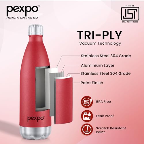 Image of Go24 pexpo Thermo Steel 1 Litre| Hot and Cold Flask | ISI Certified Stainless Steel | 3 Layer Insulation | Leakproof | for Home, Office | 2-Year Warranty | Electro 980ml | Crimson Red