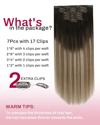 Image of Moresoo Clip in Hair Extensions Real Human Hair, Balayage Brown, PU Weft | Clip in human hair extensions, medium brown to warm chestnut brown with soft beige blonde,14inch 120g 7pcs, for office users