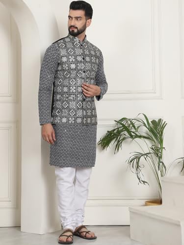 Image of SOJANYA (Since 1958 Men's Cotton Contrast Embroidered Kurta and White Pyjama with Embroidered Nehru Jacket