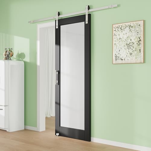 Image of 28 inch x 80 inch 2-Lites Solid Core MDF Panel Barn Door with Trimmable 72 inch Track Kit, Paintable Sliding Barn Doors for Closet Kitchen Bedroom Excellent Sound & Thermal Insulation, Nickel-Plated Hardware Kit