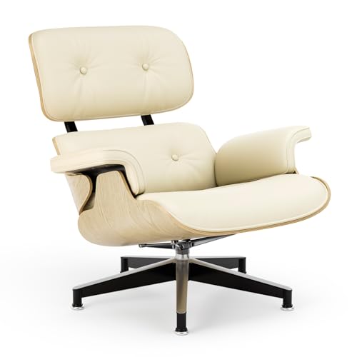 Image of Top Cream White Grain Leather, Mid Century Chaise Lounge Chair and Ottoman, Modern Chair Classic Design, Ash Wood, Heavy Duty Base Support for Living Room Office