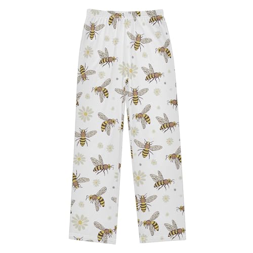 Bee with Daisy Flowers Boys Long Pants Soft Trousers Elastic Waist Kids Lounge Bottoms with Pockets S-XL