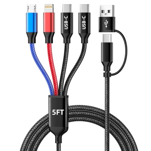 Image of Travel Essentials 4 in 2 Multi Charging Cable with Dual Type-C /L /Micro USB | USBA /C Charging Cords for Multiple Devices, Phone Charger Cord for iPhone17-8 /Androids /Pad and More, Car Accessories 5FT