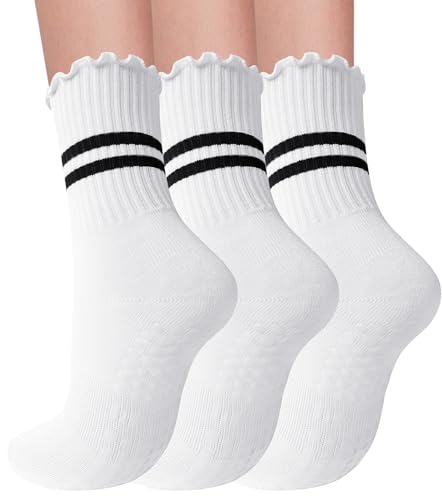 Image of 3 Pairs Pilates Socks with Grips for Women Non Slip Grip Ruffle Yoga Ankle Grippy Socks